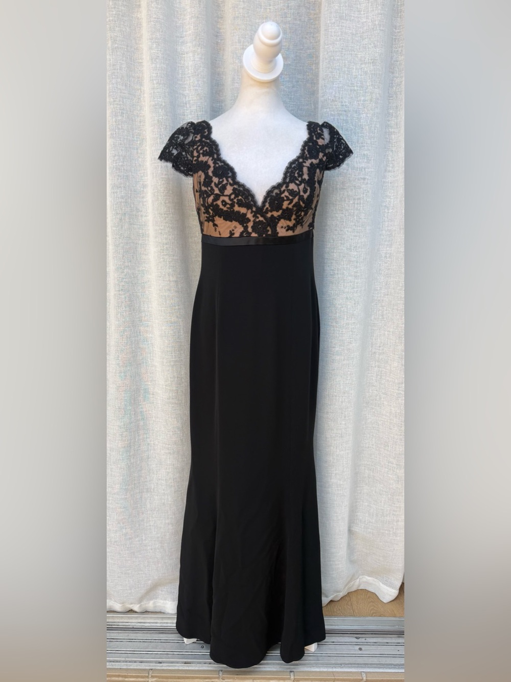 Wayne Clark black tan lace v neck top maxi gown dress